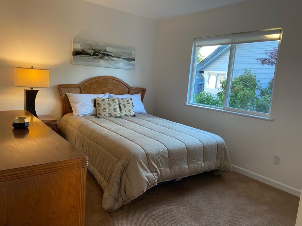 Queen bed and dresser in bedroom