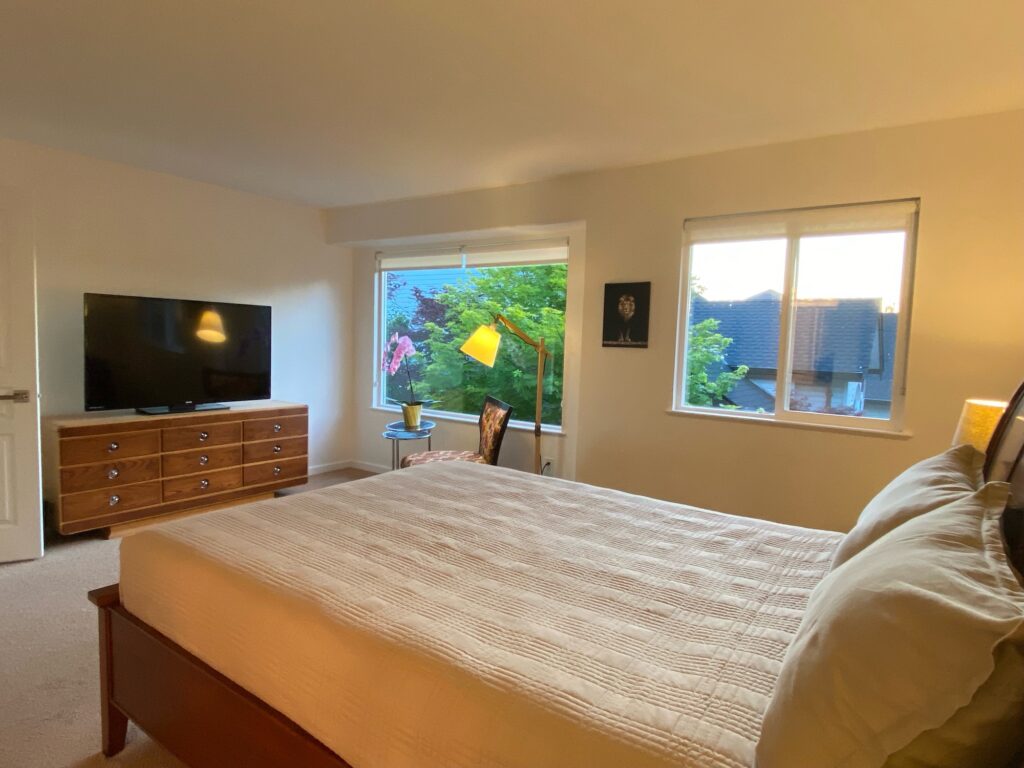 Master bedroom showing bed, windows and dresser with tv